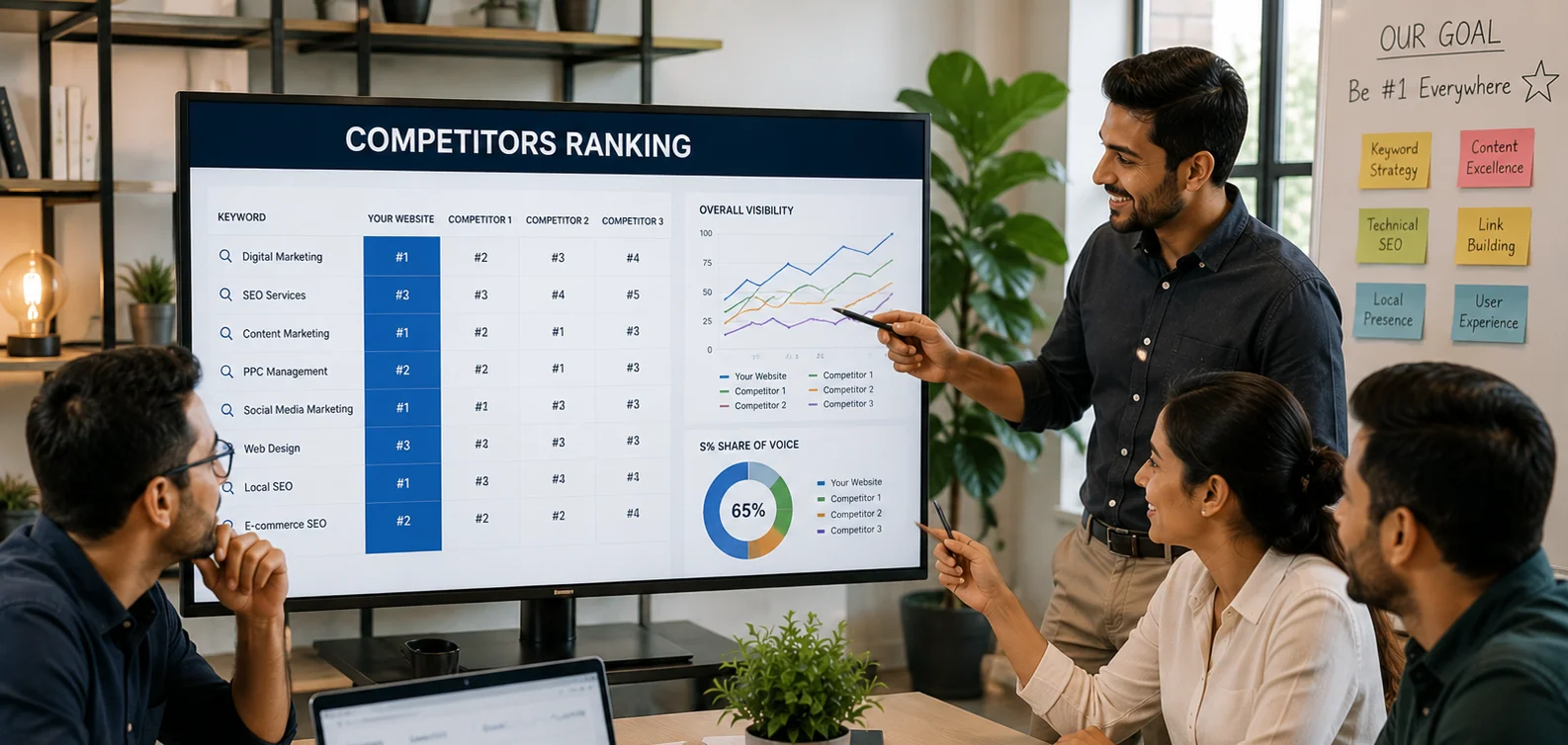 Connected digital marketing analytics dashboard showing business growth