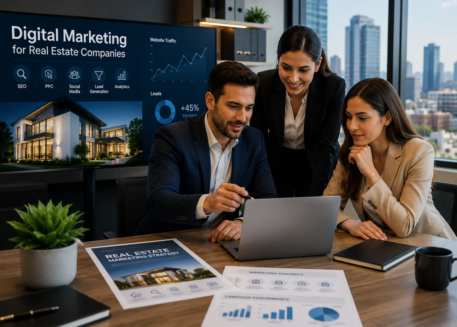 Digital marketing strategists analyzing revenue and campaign performance