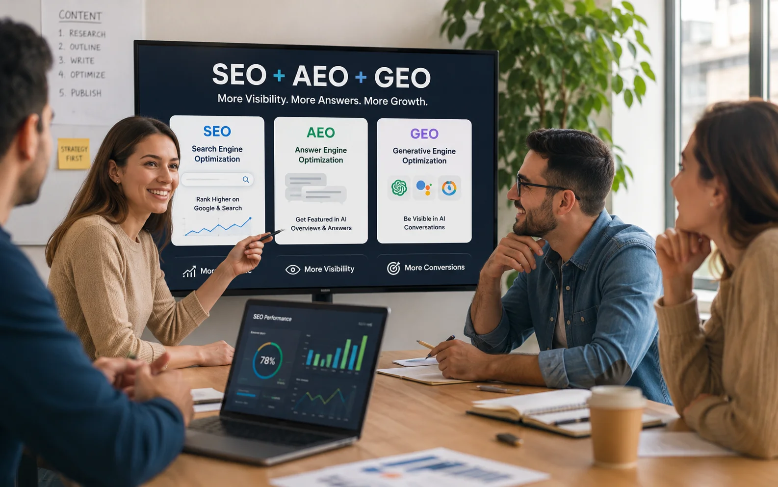 SEO AEO GEO strategy meeting